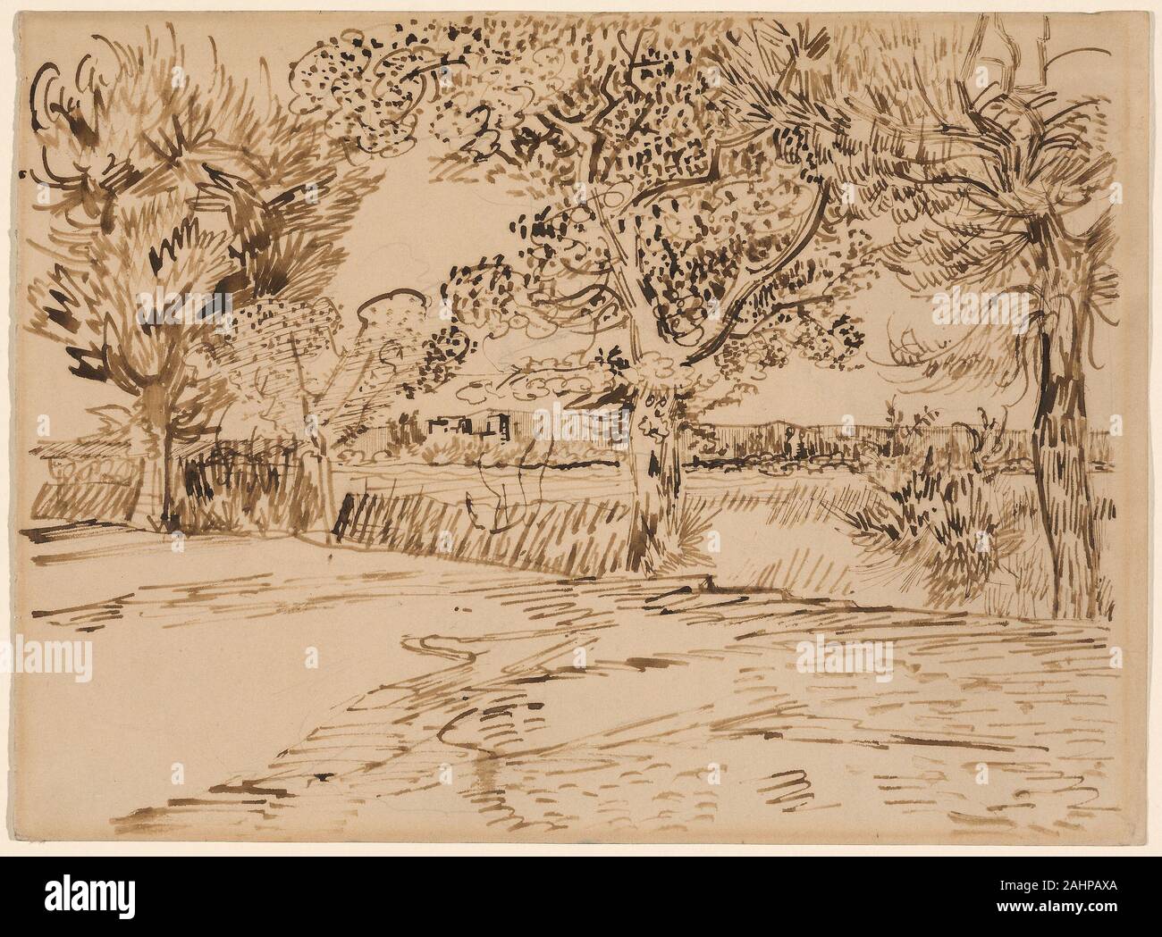 Vincent van Gogh. Landscape at Arles. 1888. Netherlands. Pen and brown ink  over graphite on cream wove paper Stock Photo - Alamy