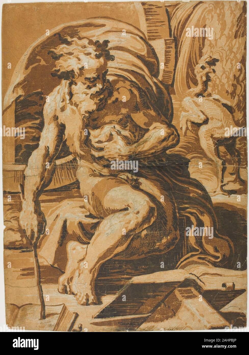 Ugo da Carpi. Diogenes. 1520–1530. Italy. Chiaroscuro woodcut from three blocks on ivory laid paper Renowned as one of the best prints of the sixteenth century, this masterpiece by the great woodcut artist not only reveals his absorption of Roman High Renaissance art but also paves the way for the dynamism of the Baroque. Diogenes, a fourth century B.C. Greek philosopher, chose the hardship of dwelling in a wooden tub, seen in the background. The plucked rooster reflects his ridicule of his contemporary, Plato, who defined man as a featherless biped. Stock Photo