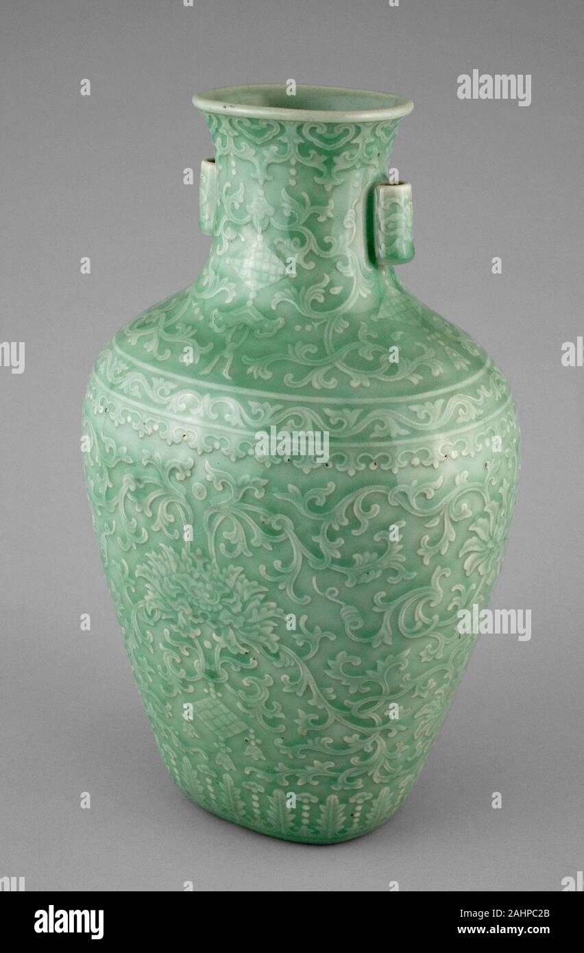 Jar with Tubular Handles, Peonies, “Endless Knot,” Pendant Balls, and Pendant Lozenges. 1736–1795. China. Porcelain with underglaze molded decoration Stock Photo