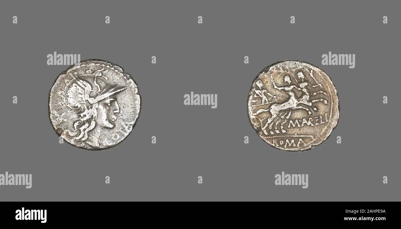 Ancient Roman. Denarius (Coin) Depicting the Goddess Roma. 139 BC. Roman Empire. Silver Stock Photo