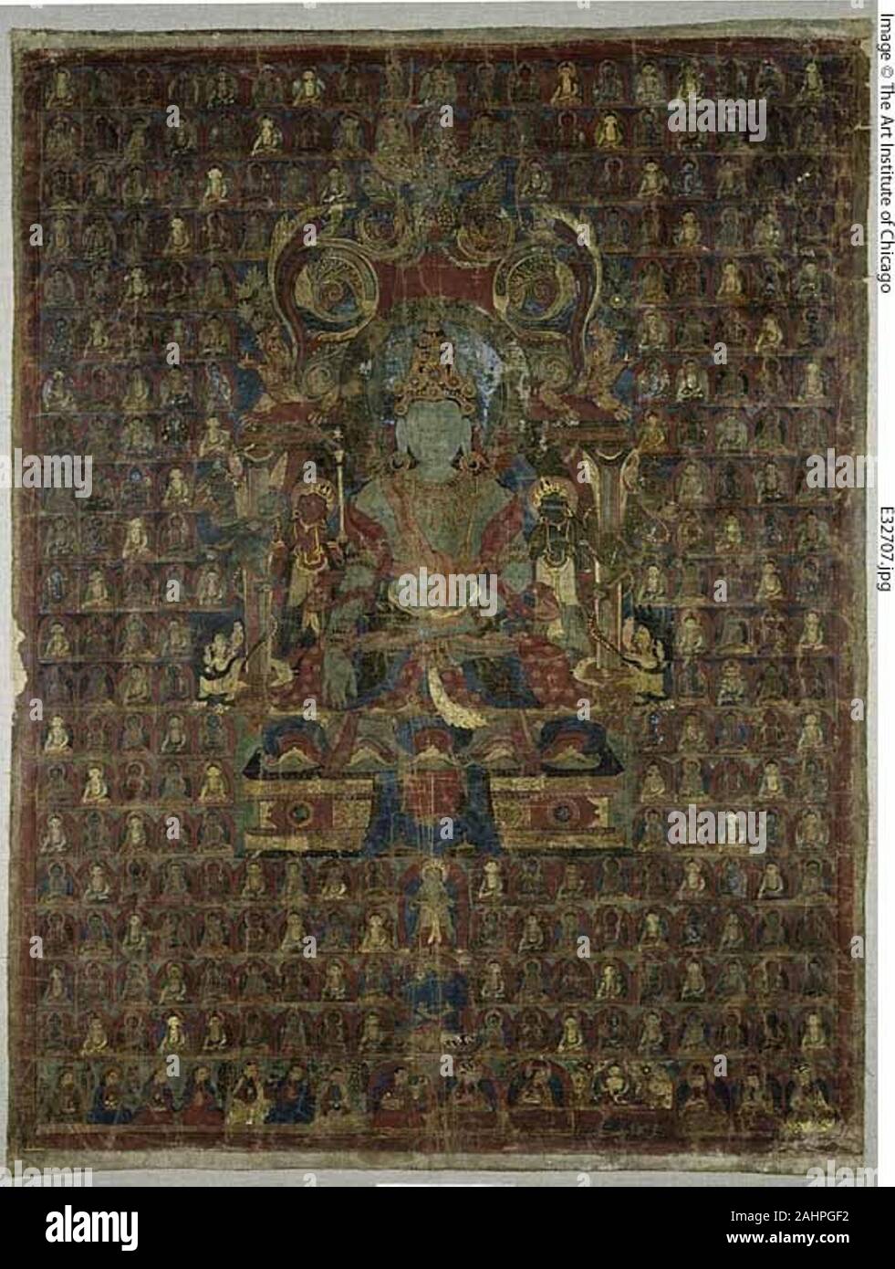 Painted Banner (Thangka) of Bon Deity Tonpa Shenrap. 1500–1599. Tibet. Opaque watercolor with gold on cotton At the center of the thangka, Tonpa Shenrap, the founder of Bon, a pre-Buddhist religion of the Himalayas (prior to the 8th century), presides on an elaborate throne. He is flanked by two attendants and surrounded by a retinue of 250 enlightened beings. He forms a group with the Four Transcendent Lords, and together they are known as the 1,000 enlightened ones. Along the bottom register the donors of the painting preside at the left, while Bon priests – distinguishable by their hats – p Stock Photo