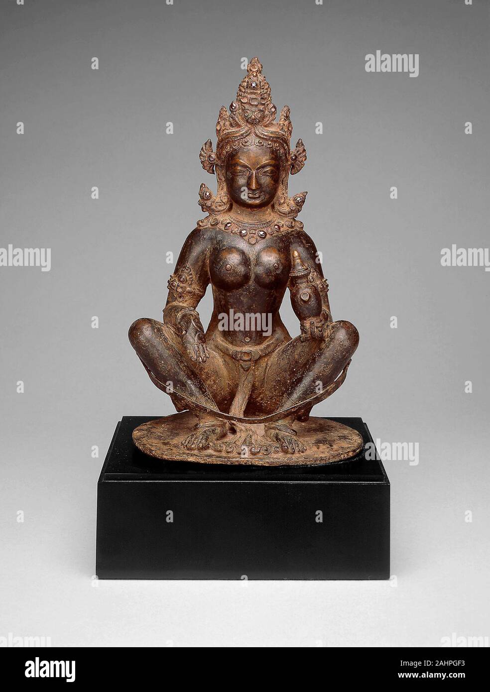 Mother-Goddess Brahmani Seated in Yogic Posture Holding Water Pot. 1201–1300. Nepal. Copper alloy This tantric Hindu female goddess is usually part of a set of seven mother goddesses (Brahmani, Vaishnavi, Maheshvari, Indrani, Kaumari, Varahi and Chamunda) called matrikas, but she is also revered as a goddess in her own right. The matrikas are the female shaktis (power, energy) of the male gods, and Brahmani is the shakti of the creator god Brahma. Like Brahma, she is typically shown with four heads (with the fourth one understood to be at the back), symbolizing omniscience, the four sacred scr Stock Photo