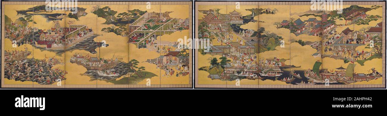 The Tale of Taishokan. 1635–1685. Japan. Pair of six-panel screens; ink, colors, and gold on paper This screen narrates the medieval Taishokan tale, an action-adventure story that captivated medieval and early modern audiences whether they saw it performed on the Noh, Bunraku or Kabuki stage, or depicted in paintings and prints. The many variants of the tale combine elements from early Japanese mythology and history; 14th-century Buddhist temple origin legend (engi) that reflects continuing anxiety about foreign invasion in the wake of the Mongol attacks of the late 13th century, and Noh play Stock Photo