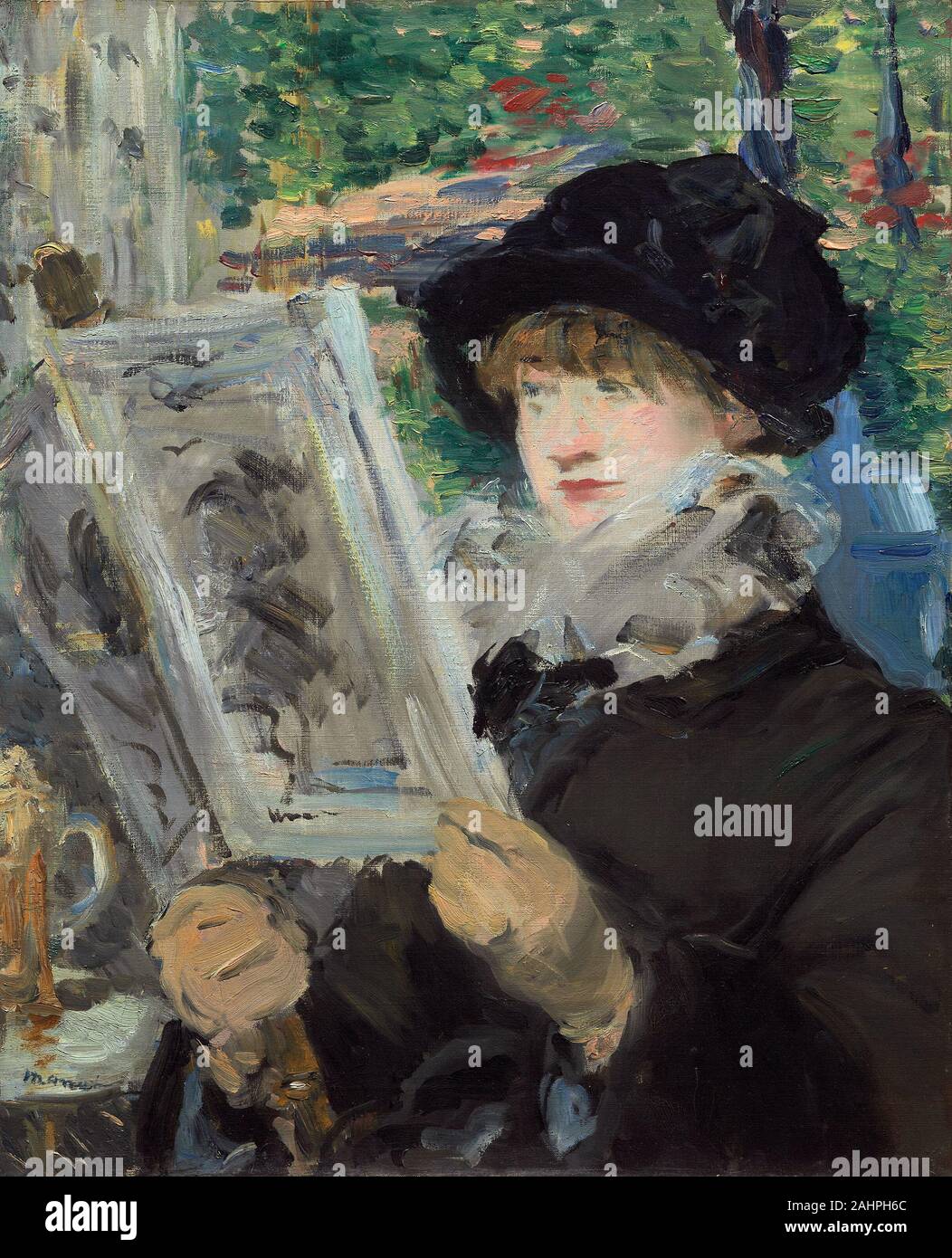 Édouard Manet. Woman Reading. 1880–1881. France. Oil on canvas During the late nineteenth century, Parisian cafés were the gathering places of artists and writers and were ideal locations for observing the urban scene. Many Impressionist paintings depict the Café Nouvelle-Athènes on the rue Pigalle, where two tables were reserved for Édouard Manet and his circle—a group that included the painters Edgar Degas, Claude Monet, Camille Pissarro, and Pierre-Auguste Renoir, and the writers Charles Baudelaire and Émile Zola.At first glance, this fashionably dressed young woman appears to have been cap Stock Photo