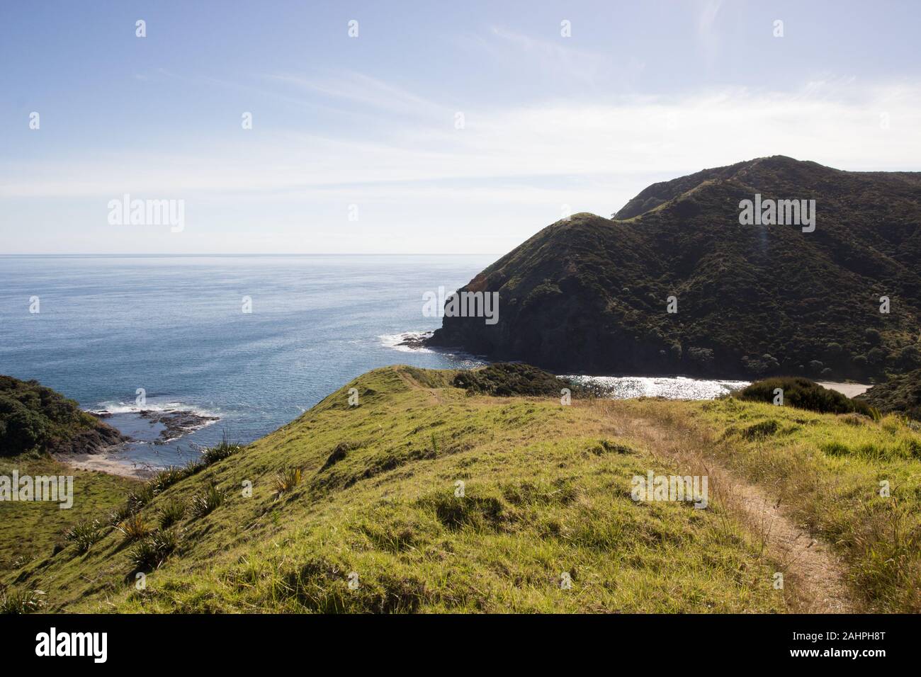 Morning view of the mountains and ocean from the Te Paki Coastal Track in Northland, New Zealand. Stock Photo