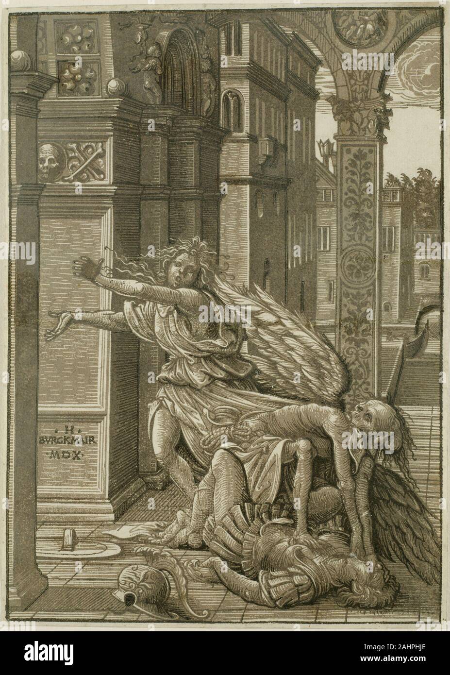 Hans Burgkmair, the elder. Lovers Surprised by Death. 1510. Germany. Chiaroscuro woodcut in 3 shades of brown on ivory laid paper Themes derived from the Dance of Death, a medieval allegory in which Death overcomes people of all ages and levels of society, pervaded German art in the late medieval and Renaissance periods. As the first true chiaroscuro woodcut, Hans Burgkmair’s compelling depiction of lovers torn apart by death is a work of pivotal importance. It represents a major cognitive leap on the part of the artist, who was the first to compose an organic three-dimensional composition by Stock Photo