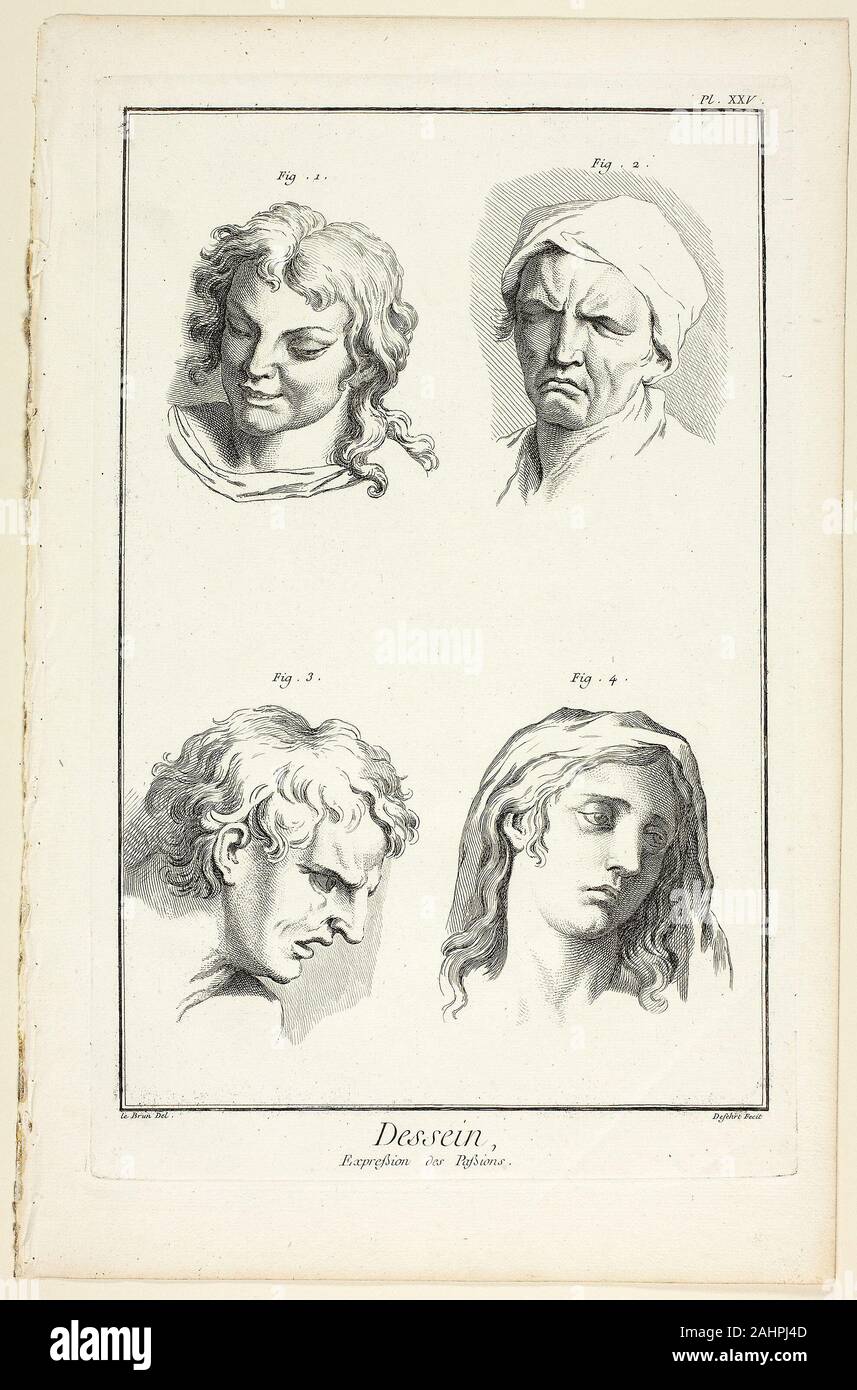 A. J. Defehrt. Drawing Expressions of Emotion (Laughter, Weeping, Compassion, Sadness), from Encyclopédie. 1762–1777. France. Etching with engraving on cream laid paper Le Brun’s most active expressions appear at the top of this sheet. His lecture linked the states of laughter and weeping, suggesting that with the exception of laughter’s exposed teeth, they should be drawn in nearly the same way. Sadness, a purer expression than the first two, appears at the bottom right as a “disagreeable languor of the soul.” The compassionate youth at left appears equally subdued by his contemplation of thi Stock Photo