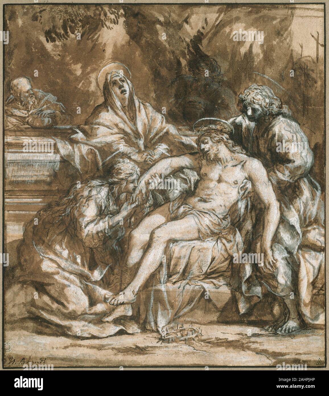 Pietro da Cortona. Lamentation over the Dead Christ. 1635. Italy. Pen and brown ink, with brush and brown wash, heightened with lead white gouache and traces of black chalk, on cream laid paper, laid down on brown laid paper Stock Photo