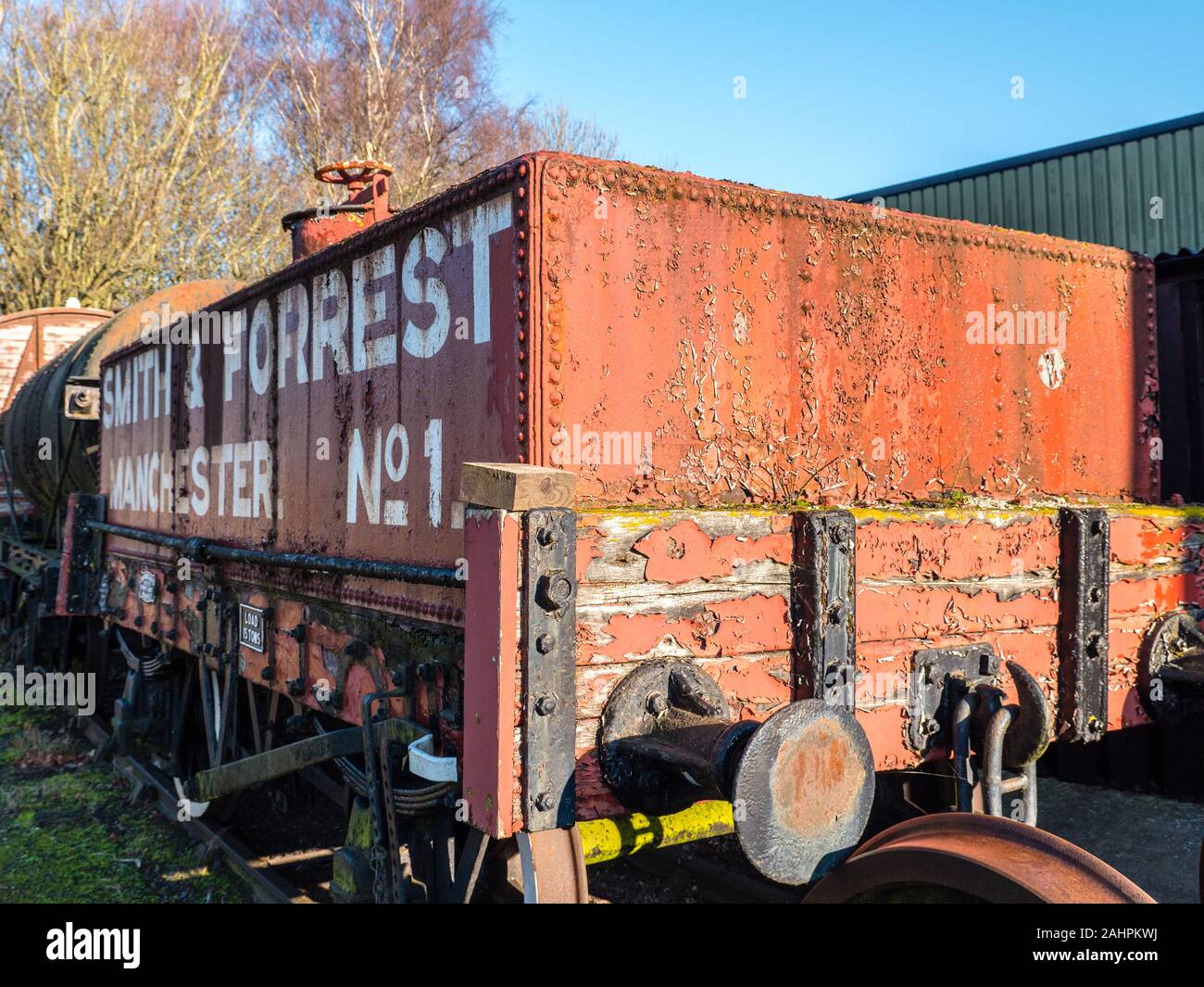 Red Railway Wagon, Winter, Didcot Railway Centre, Oxfordshire, England, UK, GB. Stock Photo