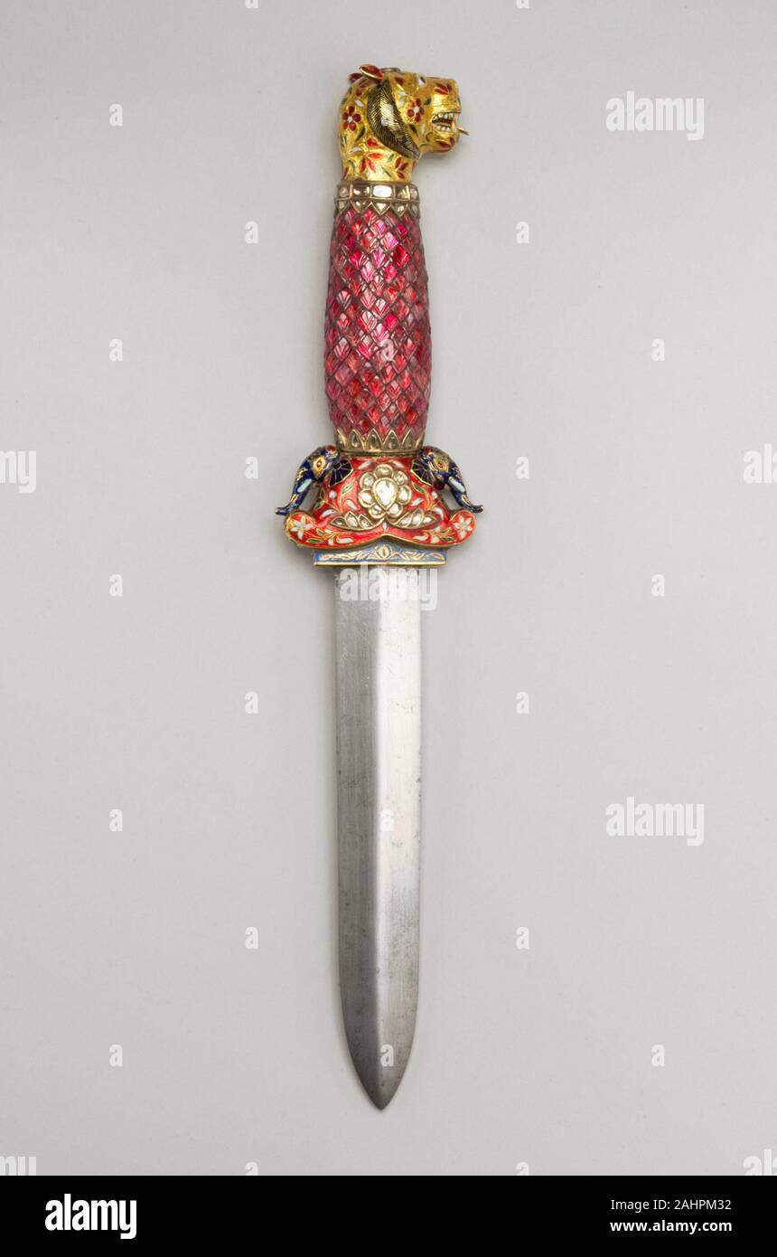 Dagger with Tiger-Head Pommel. 1601–1800. Northern India. Steel blade; hilt of quartz ( ) underlaid with red resin and inset in the kundan technique, with gold leaf and polychrome enamel (minakari) Stock Photo