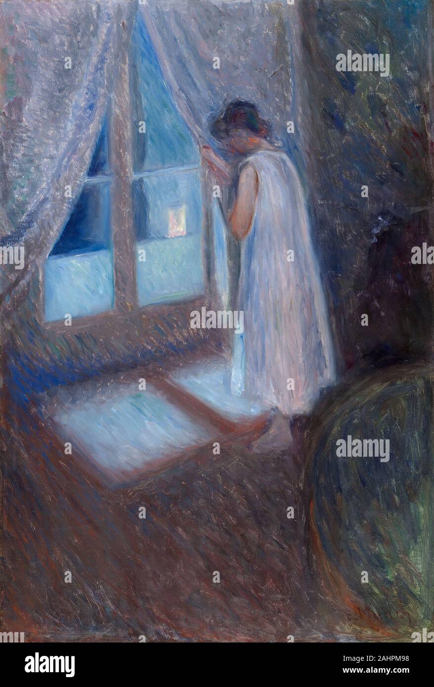 Edvard Munch. The Girl by the Window. 1893. Norway. Oil on canvas Edvard Munch’s life and art?—?particularly his iconic work The Scream (1893; National Museum, Oslo)?—?have come to epitomize modern notions of anxiety. Yet the same year he painted his radical image, Munch was experimenting with other styles and themes. Frequent visits to Paris and Berlin between 1889 and 1893 brought the Norwegian artist into direct contact with the Impressionists and Symbolists. These travels encouraged him to adopt their bold brushwork, daring compositions, and imagery. But he nonetheless continued to incorpo Stock Photo
