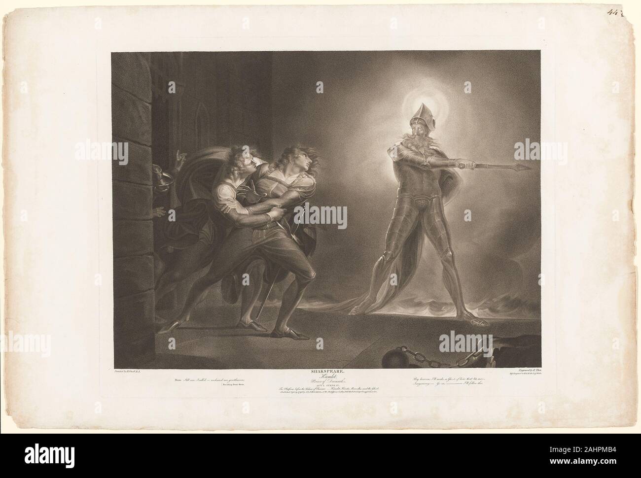 Robert Thew. Hamlet, Horatio, Marcellus and the Ghost. 1796. England. Engraving on ivory wove paper Henry Fuseli made a series of paintings depicting scenes from Shakespeare’s plays, which were reproduced as prints, including this engraving by Robert Thew. This image represents the fourth scene from the first act of Shakespeare’s Hamlet. The ghost of Hamlet’s father appears during the night and beckons him to a place where they can speak privately. Meanwhile, Horatio and Marcellus try to dissuade Hamlet from following for fear of his safety. Stock Photo