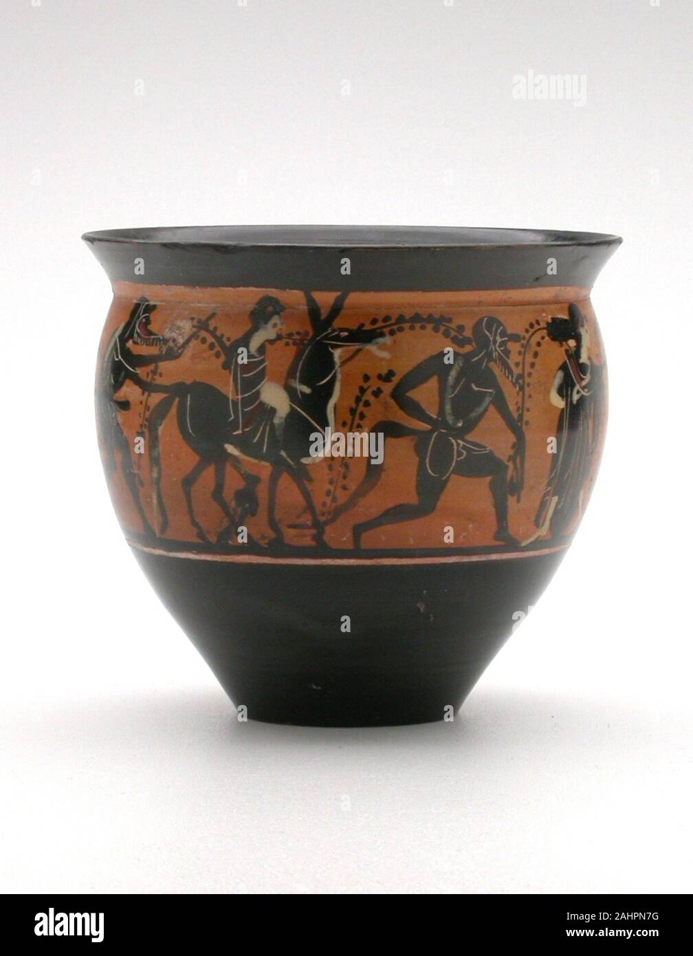 Leafless Group. Mastoid (Drinking Cup). 500 BC–480 BC. Italy. terracotta, decorated in the black-figure technique This cup was shaped to fit easily in the dirnkers hand, and was likely used as part of the Greek symposium. Much like modern academic symposiums, in which people discuss a topic of common interest, debunking old theories and putting forth new hypotheses; the men of ancient Athens regularly got together in private homes to exchange ideas. Afterward the participants might continue the conversation, discussing their impressions in greater detail or simply socializing over a drink. As Stock Photo