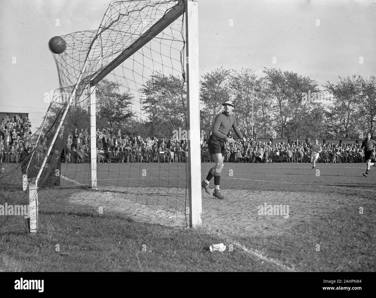 Historical Football (soccer) game - DWS against EDO 1-3 (team EDO) ca. October 18, 1947  Image from Netherlands, most likely one or two Dutch teams playing one another. Stock Photo