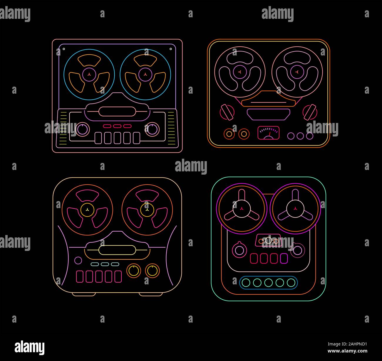 Neon colors isolated on a black background Retro Tape Recorders vector illustration. Four unique line art design elements. Stock Vector