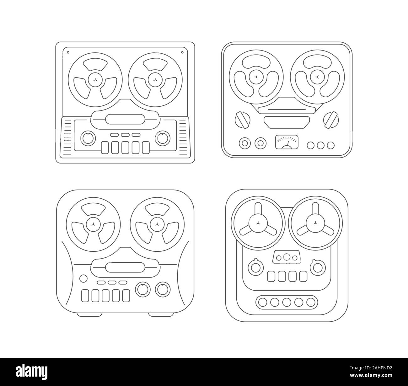 Grey line art images isolated on a white background Retro Tape Recorders vector illustration. Four unique design elements. Stock Vector