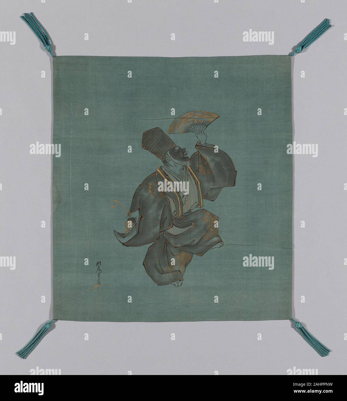 Saeki Ganryô. Fukusa (Gift Cover). 1801–1825. Japan. Patterned side silk, warp-faced, weft-ribbed plain weave (shioze); painted with India ink (sumi) and gold paint; lining silk, wrap-faced, weft-ribbed plain weave (shioze); sewn with front and lining matched in size (Tachikire awrase); silk, running controlling stitches along all edges; corners silk, knotted and re-piled fringe tassels Stock Photo