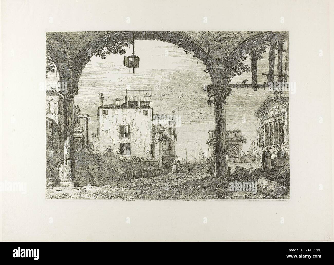 Canaletto. The Portico with the Lantern, from Vedute. 1735–1744. Italy. Etching in black on ivory laid paper Employing a wide variety of tones and marks, Canaletto expertly depicted this imagined scene with its smattering of actual ancient ruins. A follower of the artist later copied this important etching to produce the nearly identical painting on the right. The painted version, however, omitted or reinterpreted most of the foreground figures. A new scene of a man standing next to an architectural fragment near the building to the right has also been added, emphasizing the visitor’s interest Stock Photo