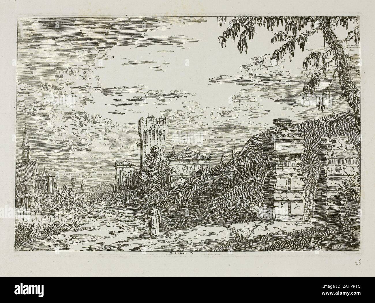Canaletto. Landscape with Tower and Two Ruined Pillars, from Vedute. 1735–1744. Italy. Etching in black on ivory laid paper Curiously, Canaletto never printed either of these energetic capriccio landscapes (depictions of fantastic architecture or ruins) individually. Instead, they exist only as a pair on a single sheet (for the left half, see 1922.1381.13). While both images include fictional antiquarian architectural elements, it is not known why the artist combined them. Perhaps it was their mirrored compositions when placed side by side, both images slope inward toward a church that straddl Stock Photo