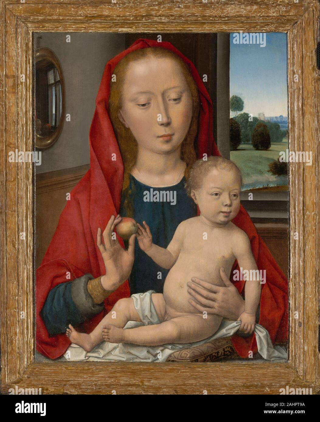 Hans Memling. Virgin and Child. 1480–1490. Netherlands. Oil on panel Hans Memling probably worked with Rogier van der Weyden in Brussels before settling in Bruges in 1465. Van der Weyden was well known for his exquisite devotional diptychs, and Memling was influenced by his work, though he made his paired paintings more realistic by setting the figures in a measurable domestic space. This portrait of the unidentified patron and the image of the Virgin and Child were separated many years ago; they were reunited at the Art Institute of Chicago in 1953. Unfortunately, Portrait of a Man in Prayer Stock Photo