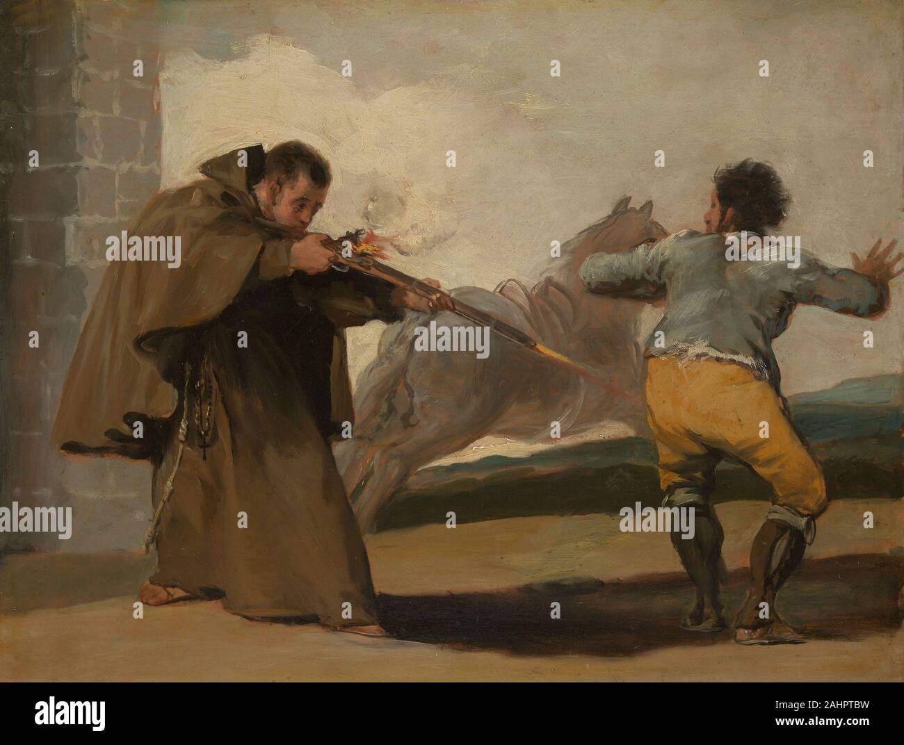 Francisco José de Goya y Lucientes. Friar Pedro Shoots El Maragato as His Horse Runs Off. 1801–1811. Spain. Oil on panel When the dreaded bandit El Maragato was seized in 1806 by the humble monk Pedro de Zaldivia, a lay brother of a Franciscan barefoot order, the story swept through Spain. Not only did daily newspapers and pamphlets publicize it, but songs, ballads, and popular prints also praised the heroic deed. Although Francisco de Goya was chief painter to the Spanish king at the time, he was interested in the whole range of human experience, including contemporary Spanish events. The tal Stock Photo