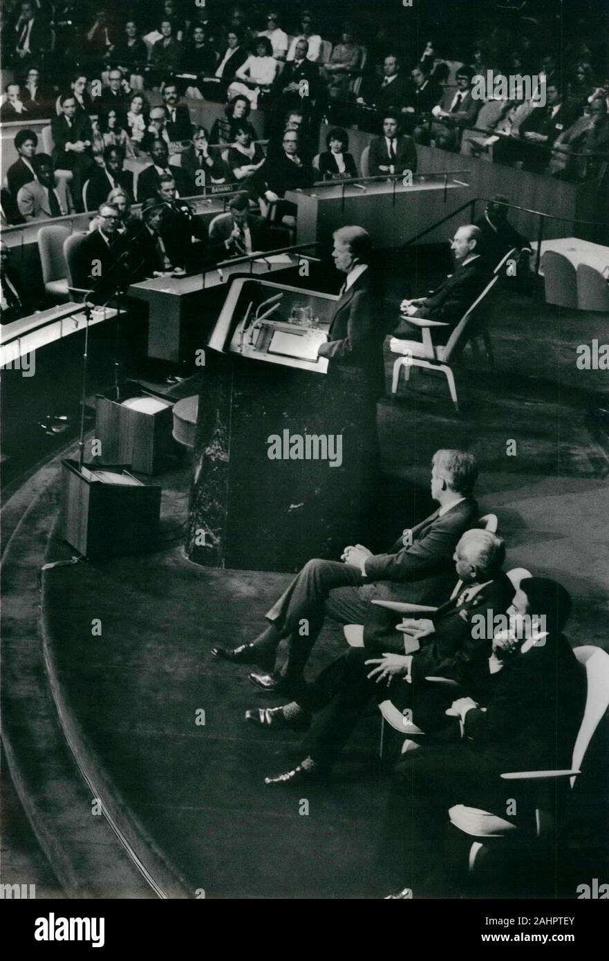 Mar. 03, 1977 - New York, New York, USA - President JIMMY CARTER speaks from the podium at the UN, United Nations headquarters in NYC. Seated from bottom right, US UN Ambassador ANDREW YOUNG, General Assembly President HAMILTON AMERASINGHE, and past Carter on right, UN Secretary General KURT WALDHEIM. (Credit Image: © Keystone Press Agency/Keystone USA via ZUMAPRESS.com) Stock Photo