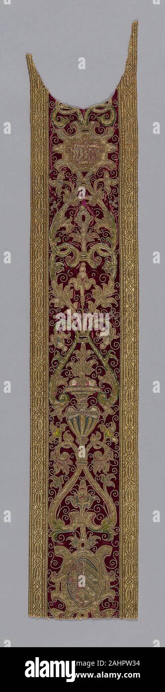 Orphrey Band. 1601–1700. Spain. Silk, warp-float faced with supplementary pile warps forming cut solid velvet, appliquéd with linen, plain weave; embroidered with silk floss and gilt-metal strip and purl-wrapped silk in satin and split stitches; laid work and couching; edged with linen, plain weave; embroidered with silk and gilt-metal strip-wrapped silk in padded couching Stock Photo