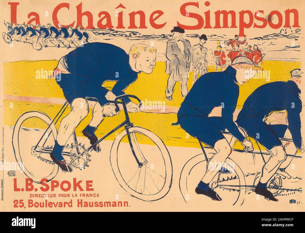 Henri de Toulouse-Lautrec. The Simpson Chain. 1896. France. Color brush and spatter lithograph (poster) on tan wove paper with lettering by another hand This poster represents Lautrec’s final design for an advertisement for a bicycle lever chain recently invented by the London manufacturer W. S. Simpson. Competitive cyclist Constant Huret rides a bicycle equipped with the device, speeding on to victory with its help. This poster sports a much more dynamic composition than the artist’s previous attempt, as well as a more realistic depiction of bicycles, despite the four- and five-seaters in the Stock Photo