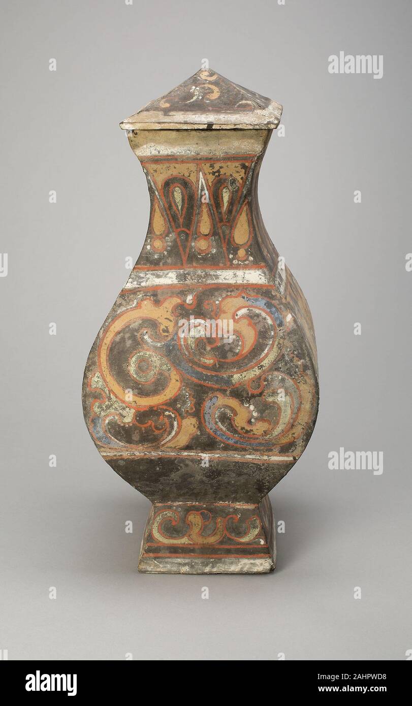 https://c8.alamy.com/comp/2AHPWD8/square-sectioned-jar-fanghu-206-bc9-ad-china-gray-earthenware-with-polychrome-pigments-the-squared-shape-and-vibrantly-painted-decoration-of-this-jar-imitates-those-of-bronze-and-lacquer-vessels-its-images-of-monster-mask-ring-handles-duplicate-in-larger-scale-functional-fittings-in-bronze-when-excavated-from-han-tombs-some-clay-jars-of-this-type-were-found-to-contain-grain-offerings-provided-for-the-deceased-as-part-of-the-funerary-rites-2AHPWD8.jpg