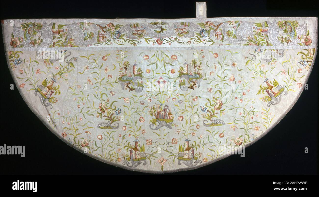 Cope. 1775–1825. France. Silk, warp-faced, weft-ribbed plain weave; embroidered with silk floss and yarns, gilt- and silvered-metal-strip-wrapped silk, and silvered-metal strips in satin, split, and stem stitches; couching, padded couching, laid work and French knots; edged with silk and gilt-metal-strip-wrapped silk, woven tapes and fringe Stock Photo
