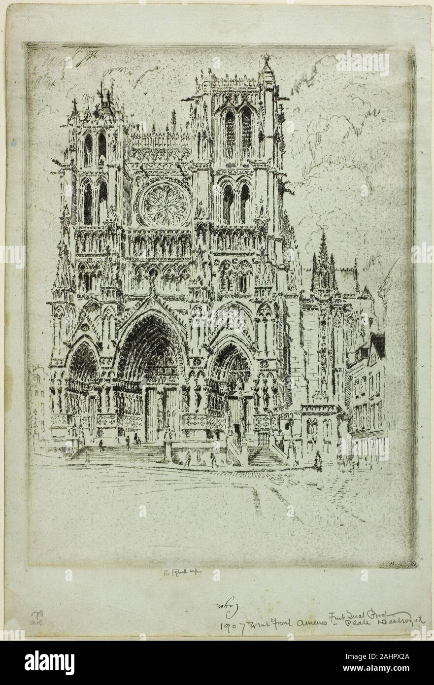 Joseph Pennell. The West Front, Amiens. 1907. United States. Etching on blue-gray laid paper Stock Photo