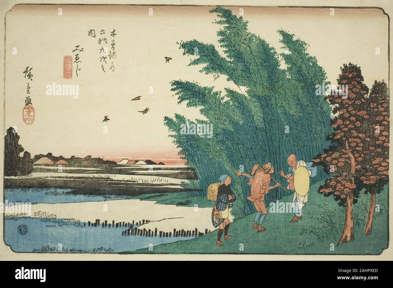 Utagawa Hiroshige. No. 56 Mieji, from the series Sixty-nine Stations of the Kisokaido (Kisokaido rokujukyu tsugi no uchi). 1830–1843. Japan. Color woodblock print; oban Stock Photo