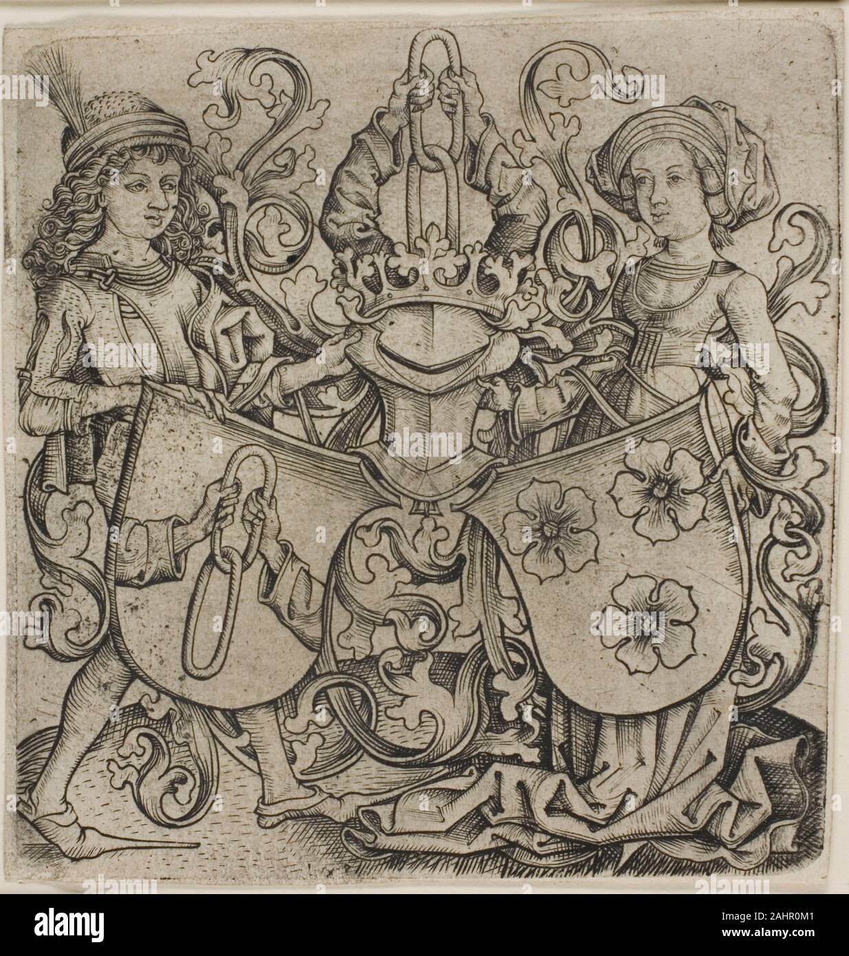 Monogrammist b. g.. Coat of Arms of Rohrbach and Eilge von Holzhausen. 1470–1485. Bayern. Engraving in black on buff laid paper This unidentified German artist signed his prints with a monogram. Here he may have copied a coat of arms designed by the more famous, yet equally mysterious Master of the Amsterdam Cabinet. Originally this work was interpreted as commemorating the 1466 marriage of Bernhard von Rohrbach and Adelgunde von Holzhausen. However, this Frankfurt family adopted the helmet on their crest in 1470; the couple’s son likely commissioned the sheet as a bookplate. When the engravin Stock Photo
