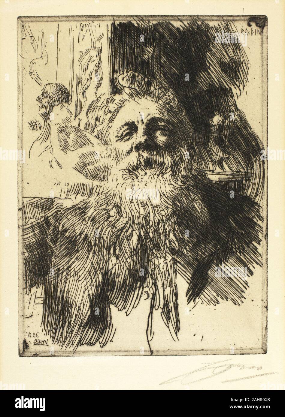 Anders Zorn. Auguste Rodin. 1906. Sweden. Etching in black on ivory laid paper Stock Photo