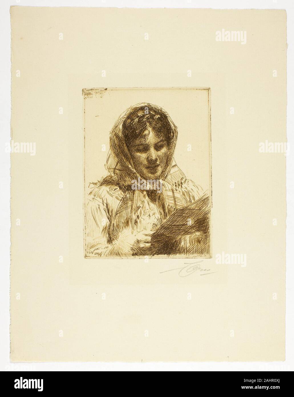 Anders Zorn. The Letter. 1913. Sweden. Etching in black on ivory laid paper Stock Photo