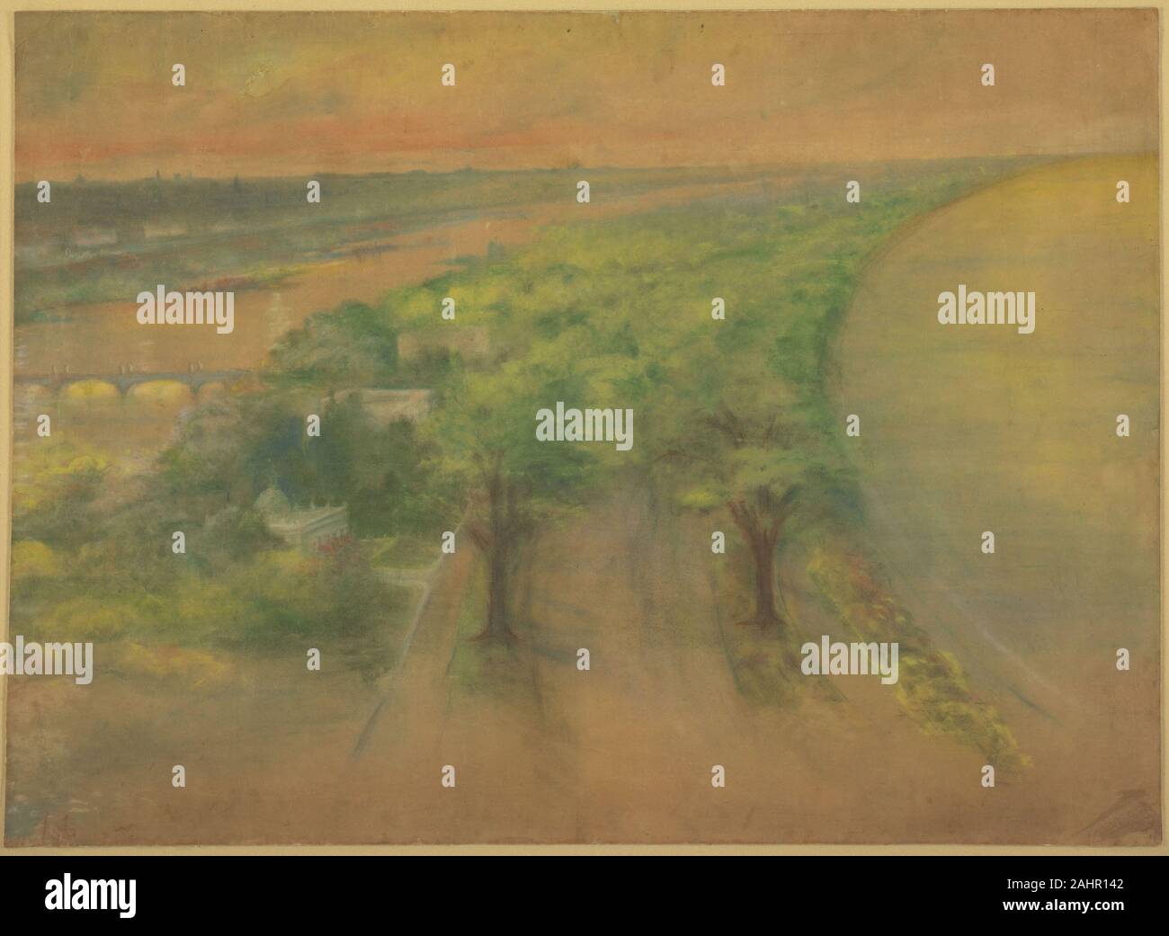 Daniel Hudson Burnham (Architect). Plate 50 A from Plan of Chicago 1909 Chicago. View of the Proposed Park on the South Shore Looking Northwest Towards the City.. 1896. Chicago. Pastel on paper One of the most significant results of the Plan of Chicago is the system of lakefront parks, which runs over 18 miles along Lake Michigan and spans nearly the entire length of the city. Building on the landscape developed for the World’s Columbian Exposition in Jackson Park, Burnham imagined these green spaces as providing a “continuous playground for the people,” with playing fields, lagoons for boatin Stock Photo