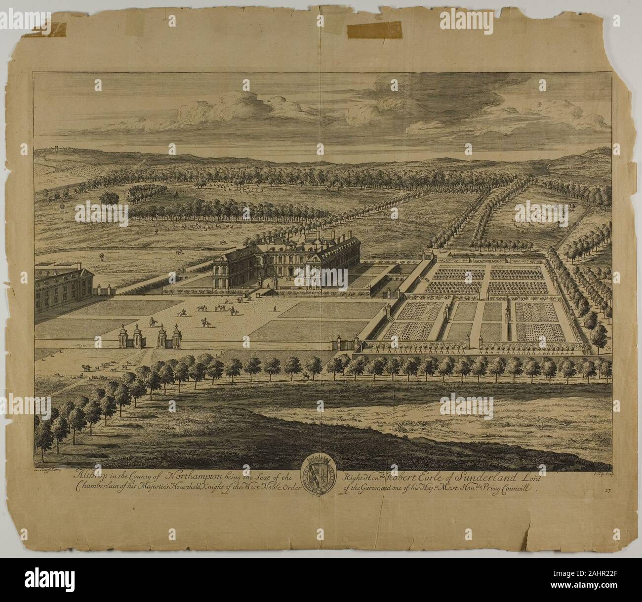 Johannes Kip (Engraver). Althrop in the County of Northampton, plate 27  from Britannia Illustrata. 1707. Netherlands. Etching, with engraving, in  black on cream laid paper (discolored to buff Stock Photo - Alamy