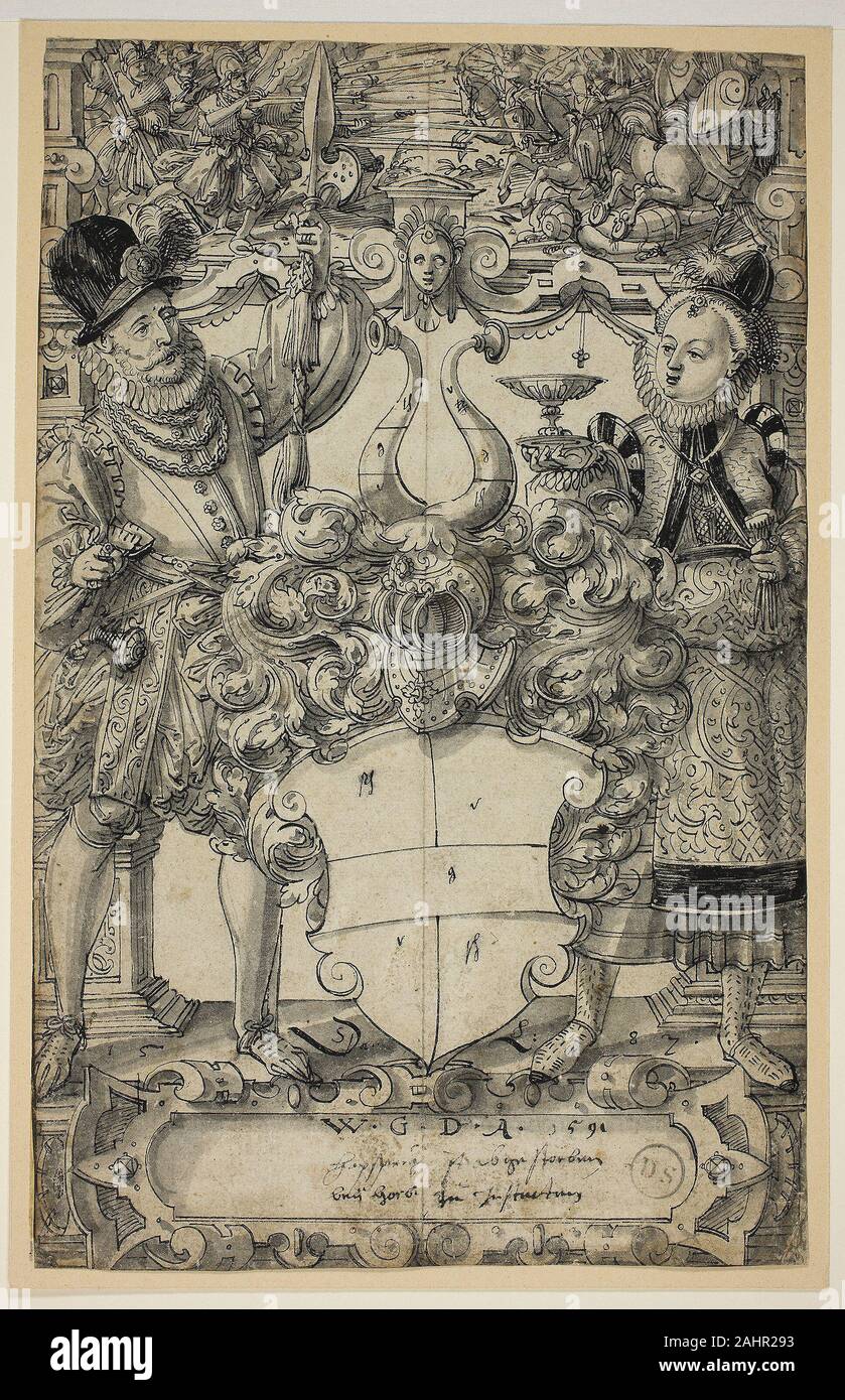 Daniel Lindtmayer, II. The Arms of Habsberg Flanked by an Elegant Couple. 1582–1592. Switzerland. Pen and black ink and brush and gray and black washes on ivory laid paper The Swiss artist Daniel Lindtmayer primarily made designs for stained-glass panels, a thriving luxury trade during the Renaissance. A typical example of this decorative genre, this drawing showcases a coat of arms likely commissioned for a member of the noble Habsburg family. The scribbled notes in the center of the drawing specify the color of the glass to be used, and the note in the cartouche below mentions a Habsburg def Stock Photo