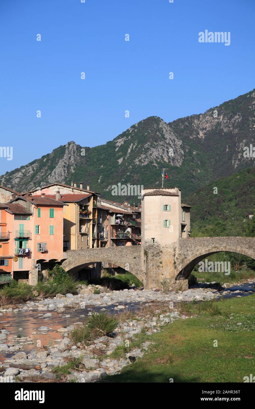 The Village of Sospel, Old Town, Toll Bridge, Bevera River, Roya Valley, Alpes-Maritimes, Cote d'Azur, Provence, France, Europe Stock Photo