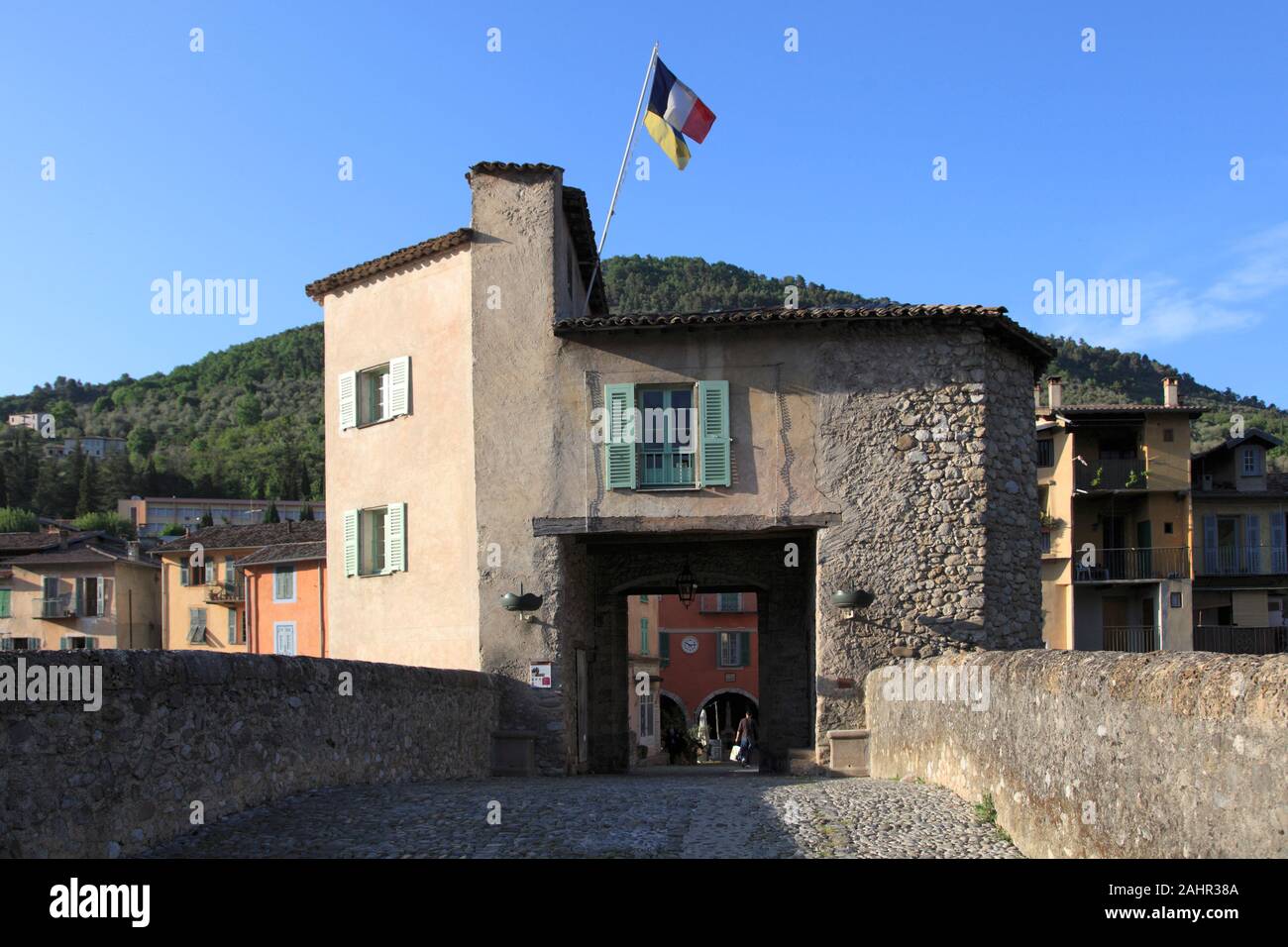 The Village of Sospel, Old Town, Toll Bridge, Roya Valley, Alpes-Maritimes, Cote d'Azur, Provence, France, Europe Stock Photo