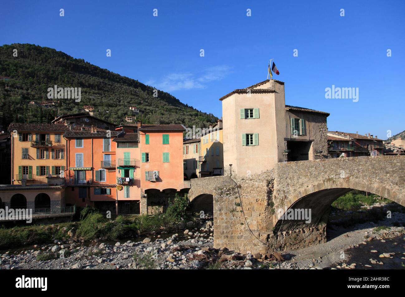 The Village of Sospel, Old Town, Toll Bridge, Bevera River, Roya Valley, Alpes-Maritimes, Cote d'Azur, Provence, France, Europe Stock Photo