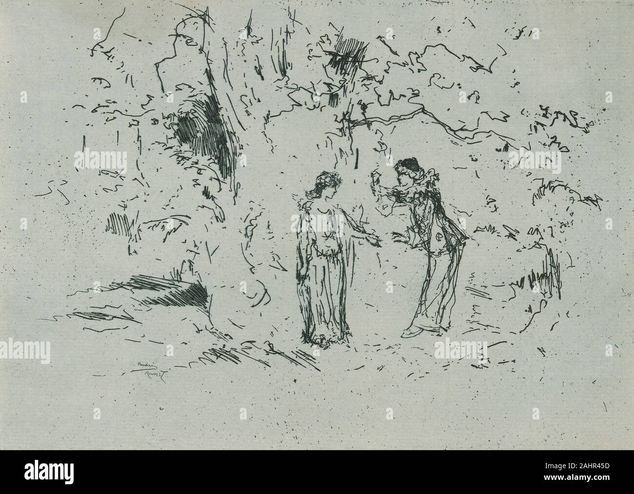 Theodore Roussel. The Pastoral Play. 1888. England. Etching with foul  biting in blue-green on ivory laid paper Lady Archibald Campbell, born  Janey Sevilla Callander, was an aristocratic patron of Whistler's and the