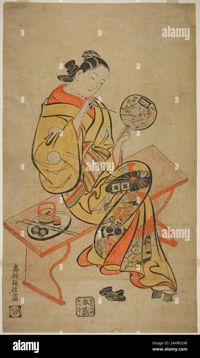 Okumura Masanobu. Solving a Puzzle. Japan. Woodblock print; hand-colored sumie-e Stock Photo