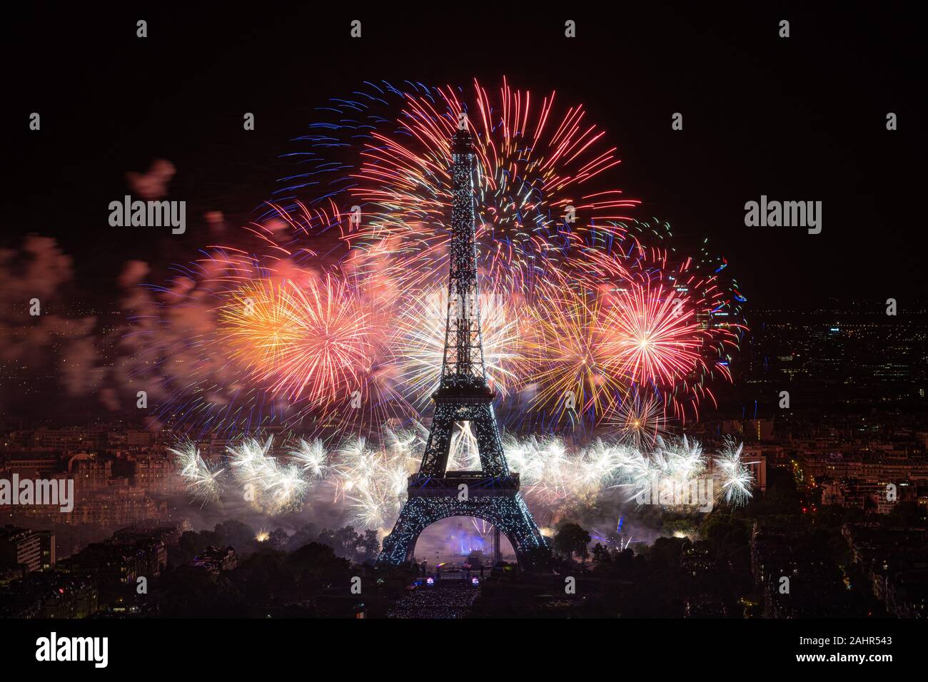 Fireworks on the Eiffel Tower during the 14th of July 2019 French National Day celebrations in Paris, France Stock Photo