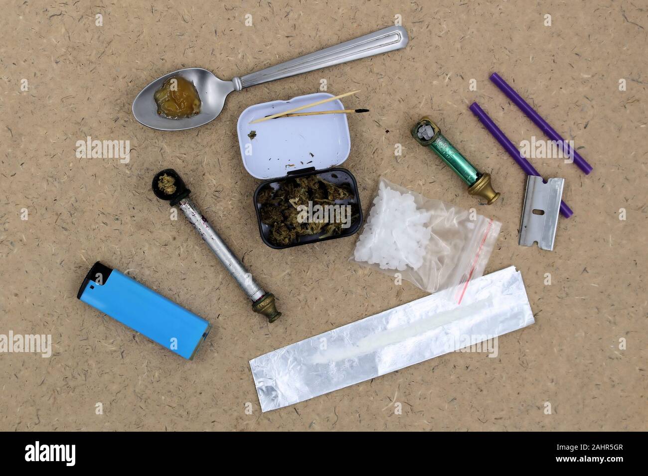 Illicit drugs and associated paraphernalia Stock Photo