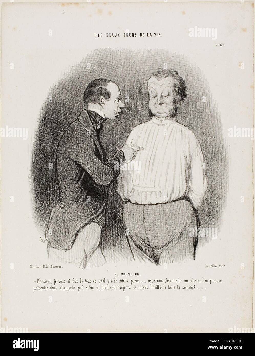 Honoré-Victorin Daumier. The Shirt Maker. “Sir, I have tailored here for you the best that is presently available..... with a shirt of my making one can present oneself in no matter what Salon and one will always be the best dressed man of the party,” plate 67 from Les Beaux Jours De La Vie. 1845. France. Lithograph in black on white wove paper Stock Photo