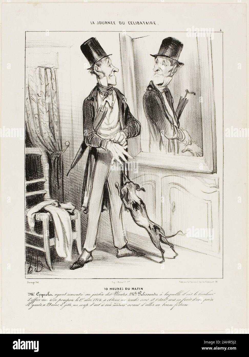 Honoré-Victorin Daumier. 10 O'clock in the Morning. “Monsieur Coquelet having accidentally met Miss Palissandre in the Botanical Garden, to whom he had the good fortune to offer a fairy rose the first of May 1804, had obtained a first date. After having gone to great expense buying a new pair of gloves at 29 Sous, he throws a glance at the mirror before going out to try his good fortune,” plate 4 from La Journé Du Célibataire. 1839. France. Lithograph in black on white wove paper Stock Photo