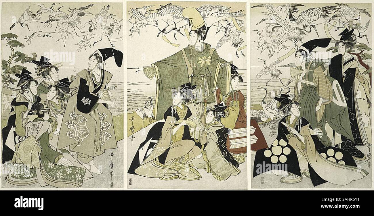 Kitagawa Utamaro. Parody of Minamoto no Yoritomo releasing cranes at Yuigahama. 1756–1806. Japan. Color woodblock print; oban triptych Stock Photo