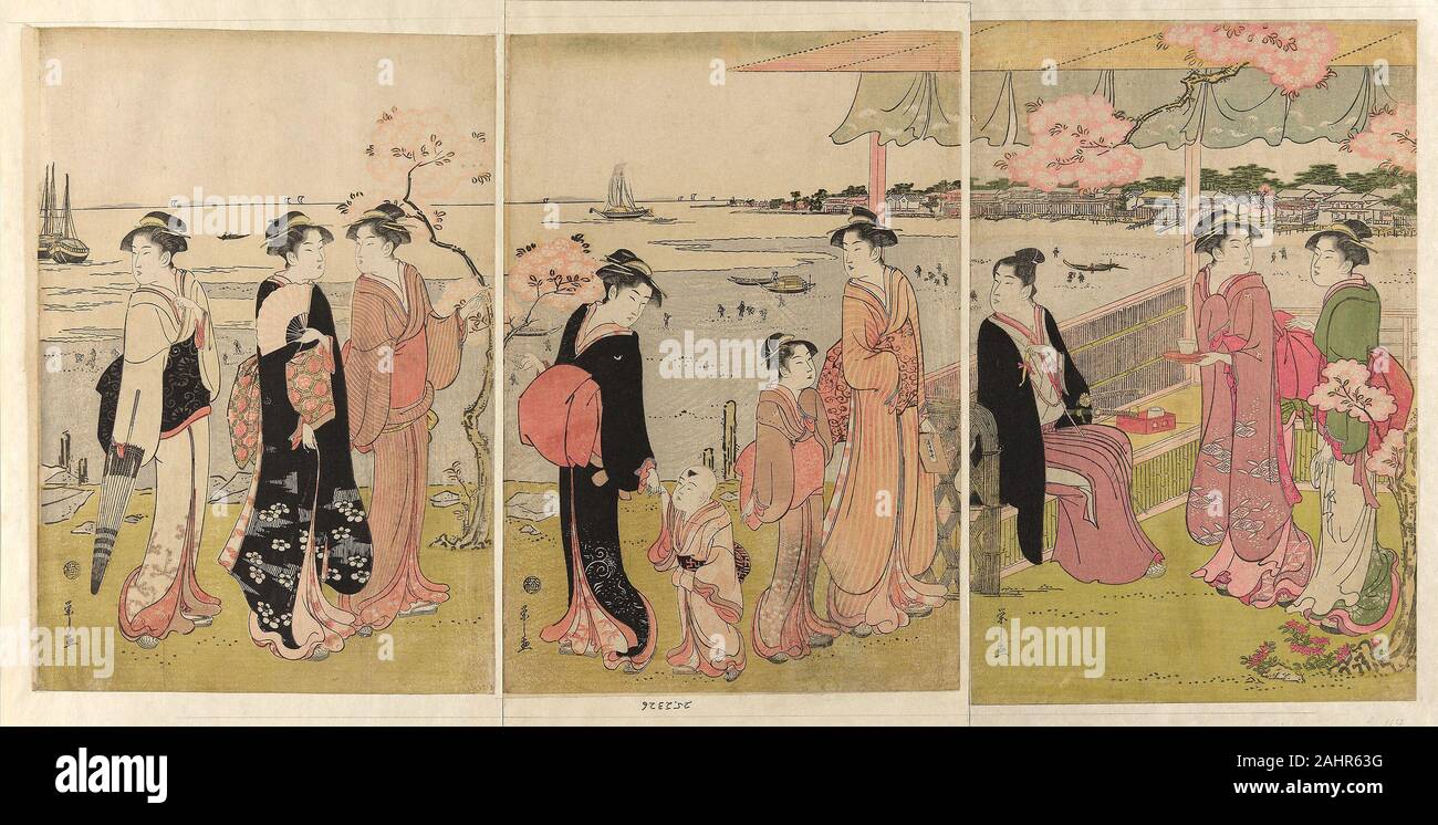 Chôbunsai Eishi. Watching the Shellfish Gathering during Low Tide at Shinagawa (Shinagawa shiohigari kenbutsu). 1756–1829. Japan. Color woodblock prints; oban triptych Stock Photo