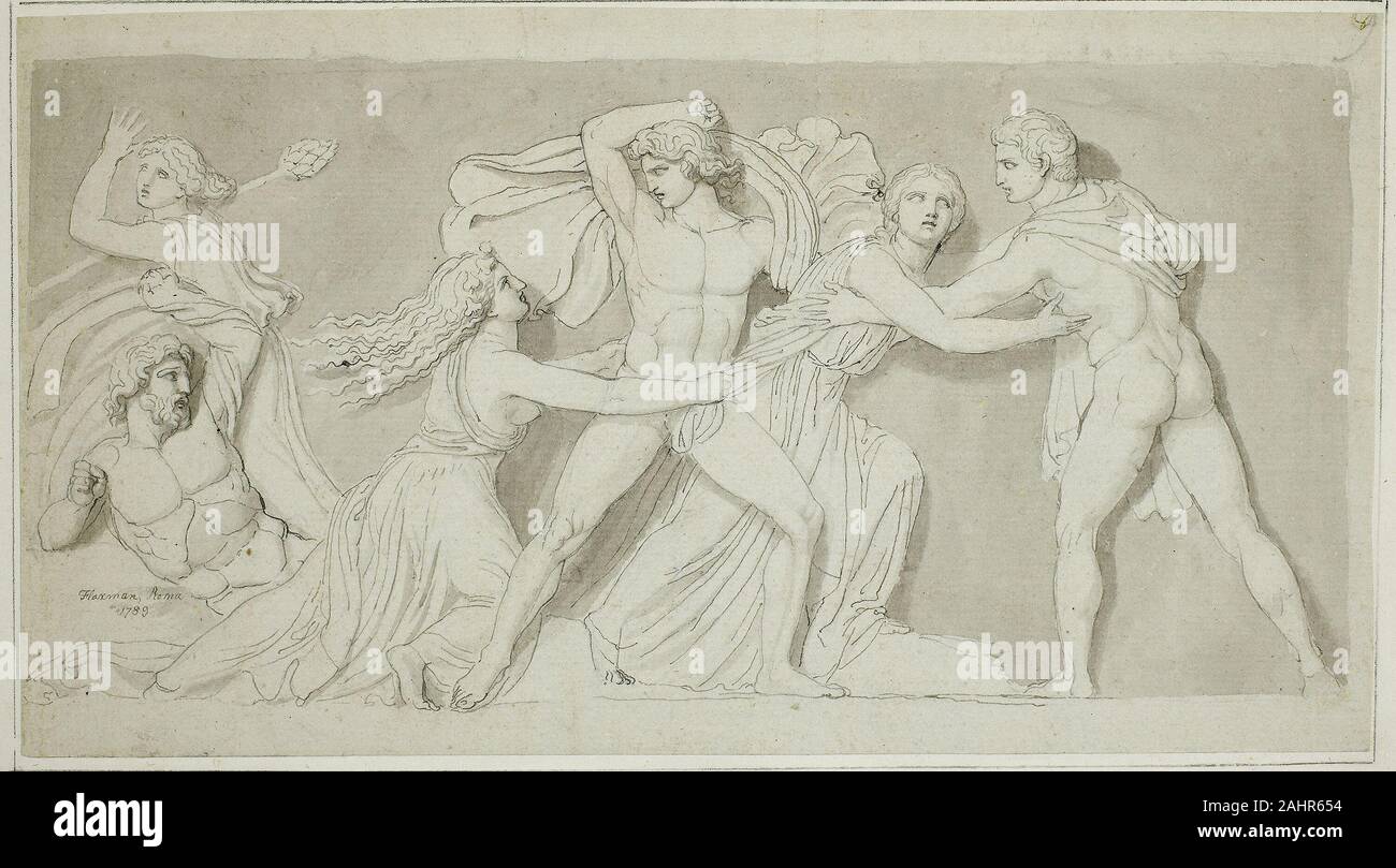 John Flaxman. Amphion and Zethus Delivering their Mother Antiope from the Fury of Dirce and Lycus. 1789. England. Pen and gray ink and brush and gray wash, over graphite, on gray laid paper, laid down on ivory wove paper A British sculptor and draughtsman who created figural designs for famed ceramicist Josiah Wedgwood, John Flaxman had a taste for the Neoclassical, which led him to Rome in 1787. While in the Eternal City, Flaxman produced this study for a nine-by-five-foot bas-relief using several references from ancient Roman sculpture. The drawing exhibits Flaxman’s signature elegance in fi Stock Photo